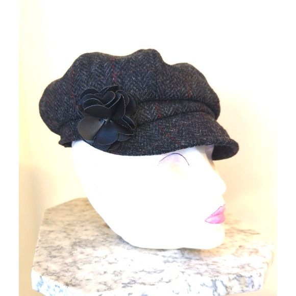 MUCROS Weavers Newsboy Wool Hat Charcoal Red Herringbone Flower Ireland Chicness - Picture 5 of 8